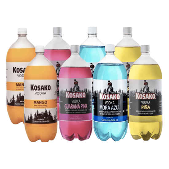 Imagen de Bebida preparada con vodka y refresco de sabores surtidos Kosako paquete con 8 botellas de 2L c/u