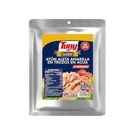 Imagen de Atún aleta amarilla en trozos en agua sin soya Tuny Clásico pouch 1.02kg