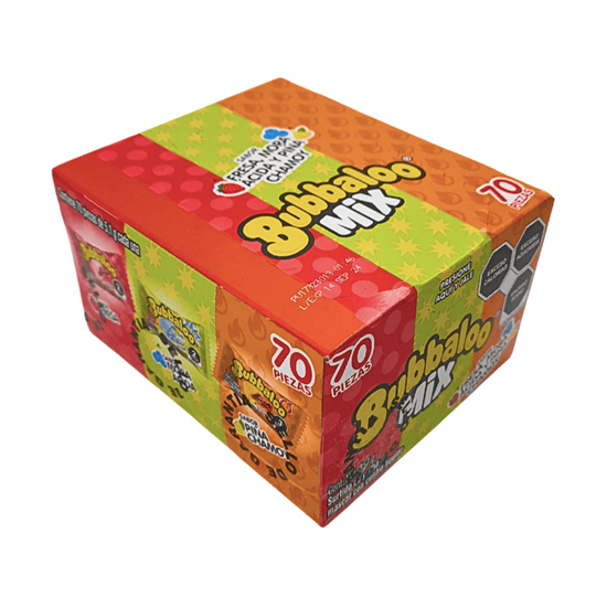 Imagen de Goma de mascar con centro líquido sabor fresa, mora ácida y piña chamoy Bubbaloo Mix caja con 70 pzas