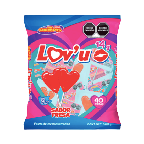 Imagen de Paleta de caramelo sabor fresa en forma de corazón Dulces Chompys Lov'u 40 pzas (560g)