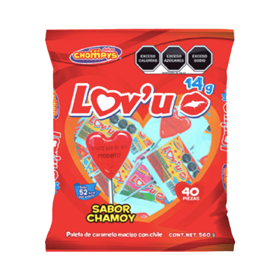 Imagen de Paleta de caramelo sabor chamoy con chile en forma de corazón Dulces Chompys Lov'u 40 pzas (560g)