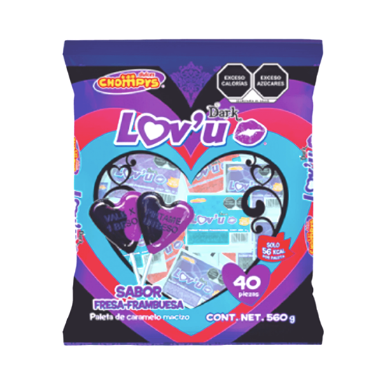 Imagen de Paleta de caramelo sabor fresa-frambuesa en forma de corazón Dulces Chompys Lov'u Dark 40 pzas (560g)