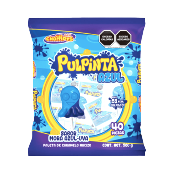 Imagen de Paleta de caramelo macizo sabor mora azul-uva Dulces Chompys Pulpinta Azul 40 pzas (560g)