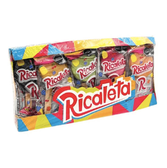 Imagen de Paleta de chilito agridulce en polvo sabores frutales surtidos cubierta de caramelo Ricaleta 25 pzas de 25g c/u (625g