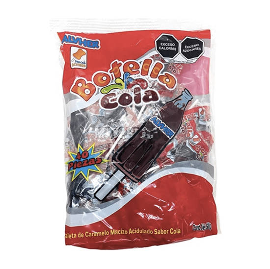 Imagen de Paleta de caramelo macizo acidulado sabor cola Dulces ALVBRO Botella Cola 40 pzas (600g)