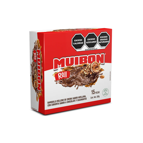 Imagen de Barquillo relleno de crema sabor avellana con cubierta sabor chocolate y cacahuates Muibon Roll 15 pzas (330g)