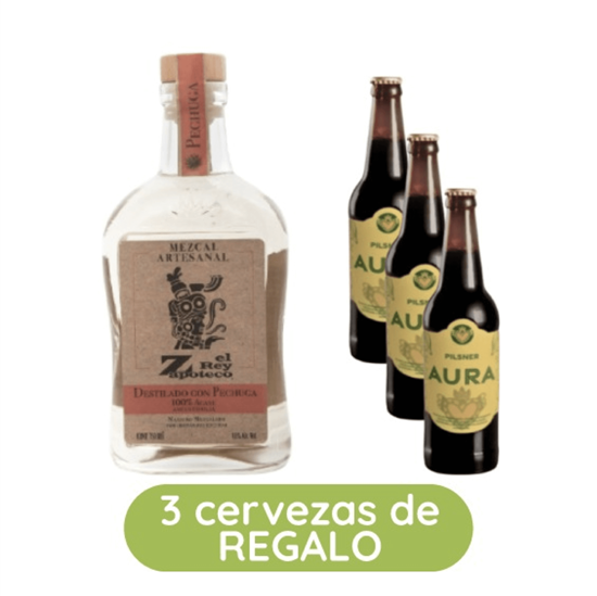 Imagen de PROMOCIÓN mezcal artesanal joven de agave espadín destilado con pechuga El Rey Zapoteco 750ml + 3 cervezas artesanales pilsner Aura DE REGALO