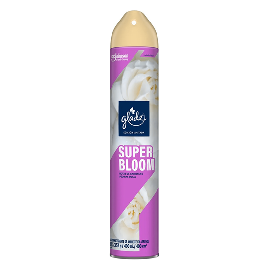 Imagen de Aromatizante de ambiente en aerosol Glade Super Bloom (notas de gardenia y peonias rosas) 400ml (357g)