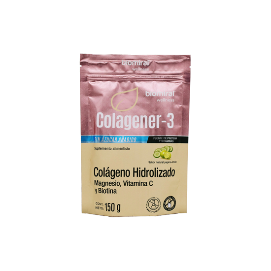 Imagen de Suplemento alimenticio colágeno hidrolizado con magnesio, vitamina C y biotina sabor pepino-limón sin azúcar Biomiral Wellnes Colagener-3 150g