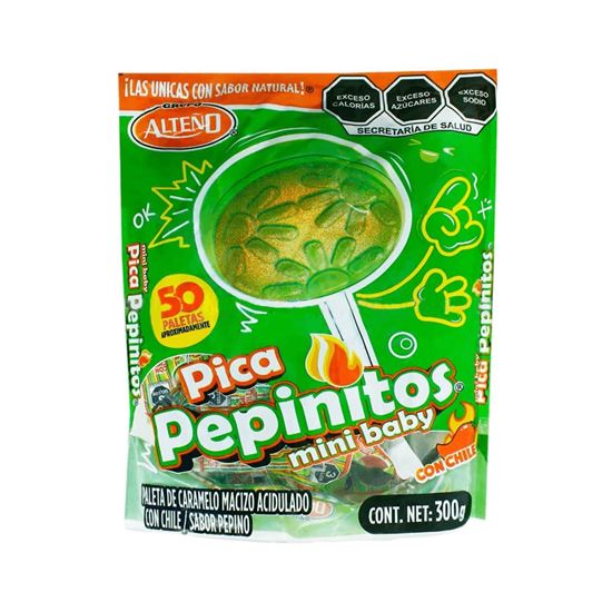 Imagen de Paleta de caramelo macizo sabor pepino con chile Grupo Alteño Pica Pepinitos Mini Baby 50 pzas (300g)