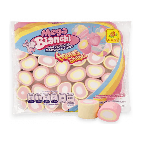 Imagen de Bombones redondos anillos tricolor sabor fresa y vainilla De la Rosa Malvaviscos Bianchi Mega Figuras 840g