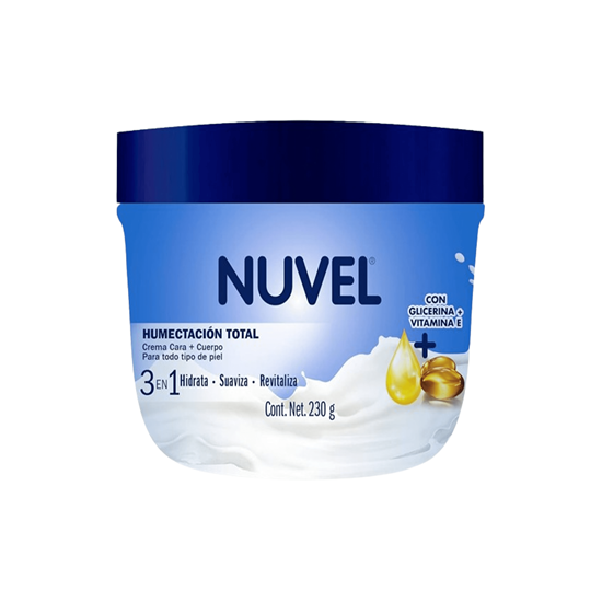 Imagen de Crema 3 en 1 cara y cuerpo para todo tipo de piel con glicerina y vitamina E Nuvel Humectación Total 230g