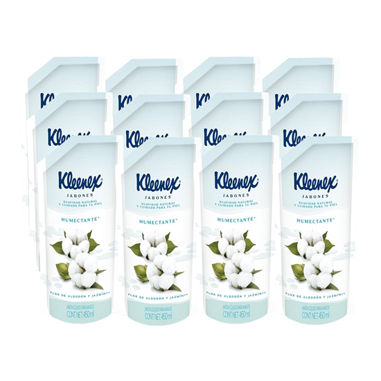 Imagen de Jabón líquido para manos flor de algodón y jazmín Kleenex Humectante doypack caja con 12 pzas de 450ml c/u