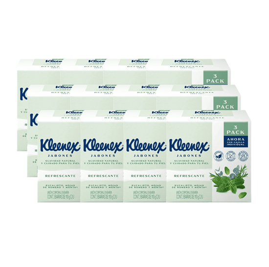 Imagen de Jabón corporal en barra eucalipto, hojas de romero y menta Kleenex Refrescante caja con 12 3-Pack de 330g c/u