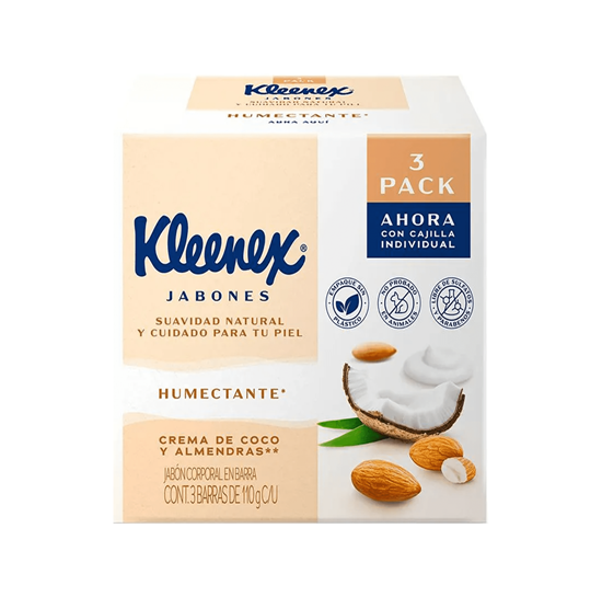 Imagen de Jabón corporal en barra crema de coco y almendras Kleenex Humectante 3 pack de 110g c/u (330g)