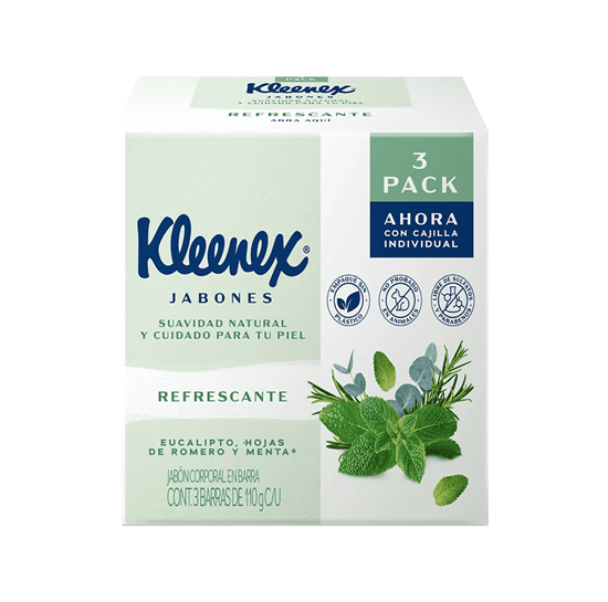 Imagen de Jabón corporal en barra eucalipto, hojas de romero y menta Kleenex Refrescante 3 pack de 110g c/u (330g)