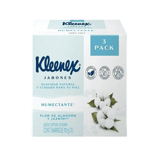 Imagen de Jabón corporal en barra flor de algodón y jazmín Kleenex Humectante 3 pack de 110g c/u (330g)