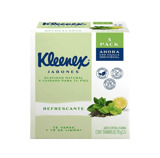 Imagen de Jabón corporal en barra té verde y té de limón Kleenex Refrescante 3 pack de 110g c/u (330g)