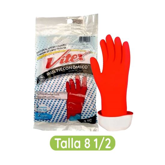 Imagen de Guantes de látex natural satinados para limpieza 2 capas extra suave talla 8 1/2 Vitex Multieconómico 1 par