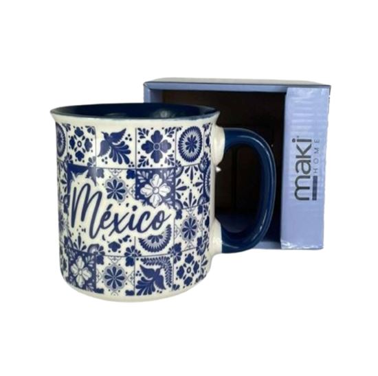 Imagen de Taza jumbo de porcelana con diseño tipo talavera patrón cuadriculado y frase "México" Maki Home