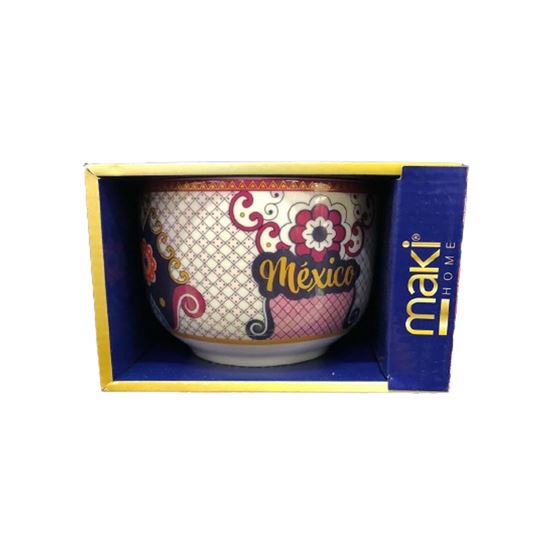 Imagen de Tazón de porcelana con diseño tipo talavera patrón flores y borde magenta con frase "México" Maki Home