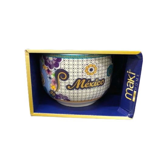 Imagen de Tazón de porcelana con diseño tipo talavera patrón flores de colores y borde azul con frase "México" Maki Home
