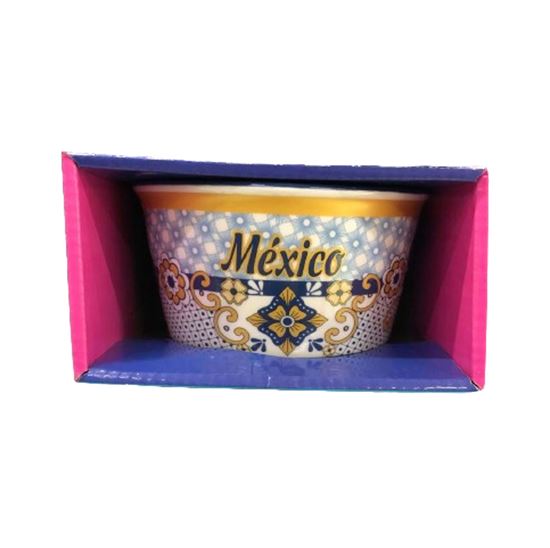 Imagen de Tazón de porcelana con diseño tipo talavera patrón azul con dorado y frase "México" Maki Home
