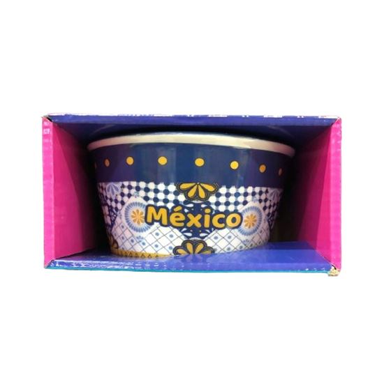 Imagen de Tazón de porcelana con diseño tipo talavera patrón azul con dorado y puntos frase "México" Maki Home