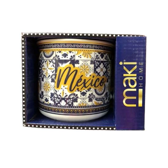 Imagen de Taza jumbo de porcelana con diseño tipo talavera patrón cuadros azul marino y dorado con frase "México" Maki Home