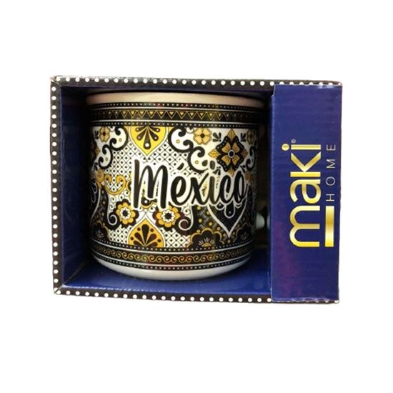 Imagen de Taza jumbo de porcelana con diseño tipo talavera patrón negro y dorado con frase "México" Maki Home