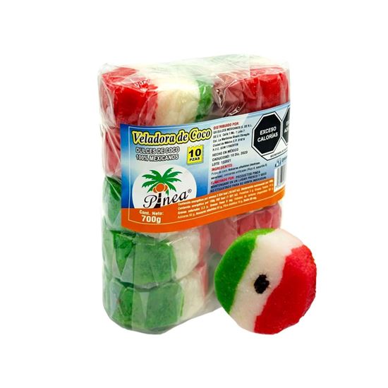 Imagen de Dulce tradicional veladora de coco tricolor con forma de bandera Pinea 10 pzas (700g)