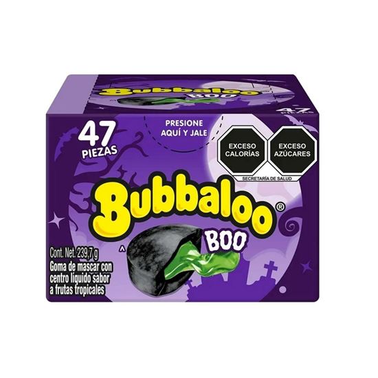 Imagen de Goma de mascar con centro líquido sabor frutas tropicales Bubbaloo Boo caja con 47 pzas (239.7g)