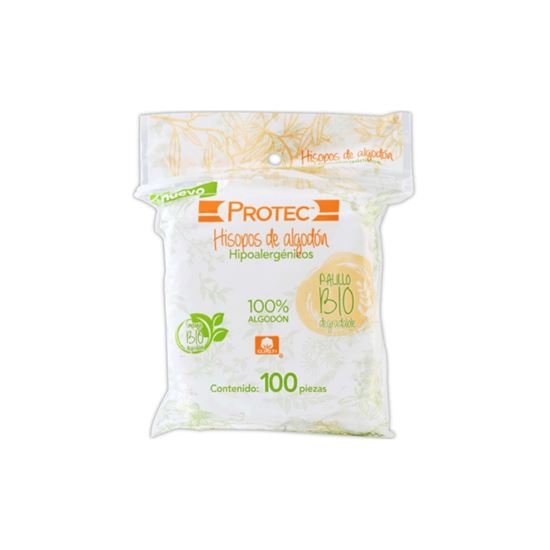 Imagen de Hisopos de algodón (cotonetes) hipoalergénicos palillo biodegradable Protec 100 pzas