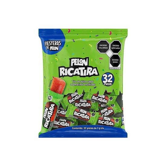 Imagen de Tira de dulce sabor tamarindo enchilado Pelón Ricatira Fiesteros de pelón 32 pzas de 7g c/u (224g)