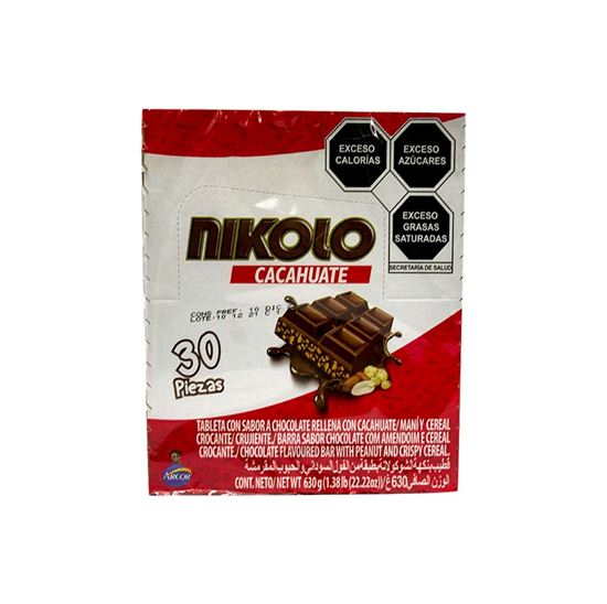Imagen de Barra de chocolate rellena de cacahuate, maní y cereal crujiente Nikolo Pambolero 30 pzas de 22.2g c/u