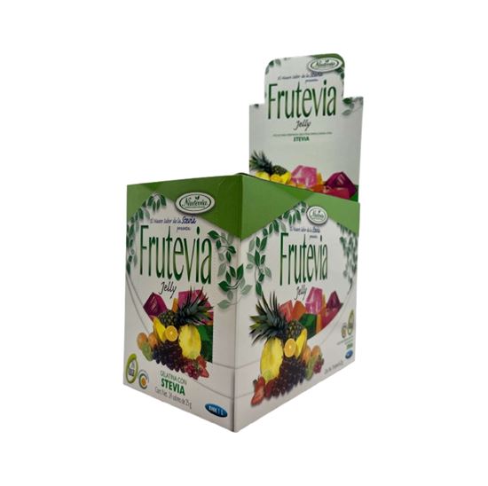 Imagen de Polvo para gelatina sabor uva sin azúcar endulzada con stevia Frutevia Jelly caja con 24 sobres de 25g c/u (600g)