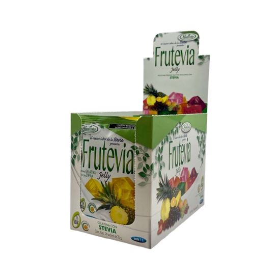 Imagen de Polvo para gelatina sabor piña sin azúcar endulzada con stevia Frutevia Jelly caja con 24 sobres de 25g c/u (600g)