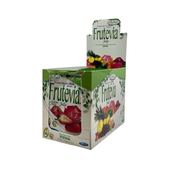 Imagen de Polvo para gelatina sabor fresa sin azúcar endulzada con stevia Frutevia Jelly caja con 24 sobres de 25g c/u (600g)