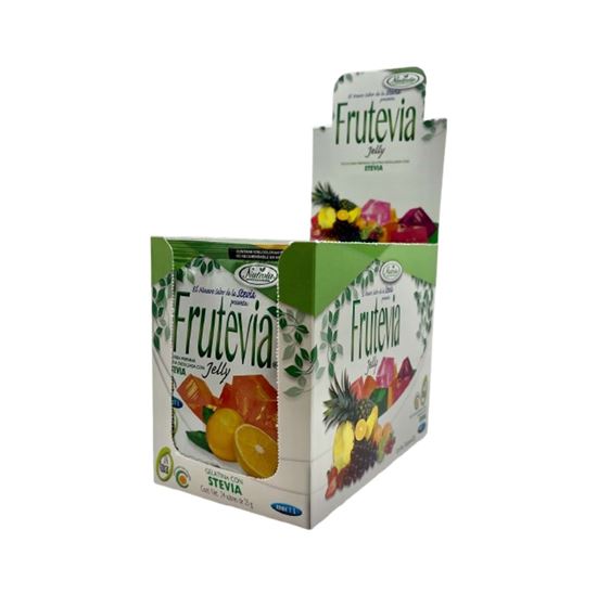 Imagen de Polvo para gelatina sabor naranja sin azúcar endulzada con stevia Frutevia Jelly caja con 24 sobres de 25g c/u (600g)