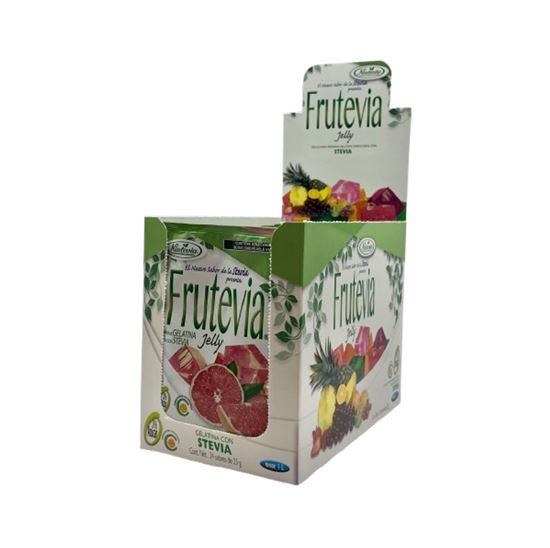 Imagen de Polvo para gelatina sabor toronja sin azúcar endulzada con stevia Frutevia Jelly caja con 24 sobres de 25g c/u (600g)