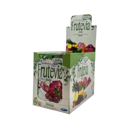 Imagen de Polvo para gelatina sabor arándano sin azúcar endulzada con stevia Frutevia Jelly caja con 24 sobres de 25g c/u (600g)