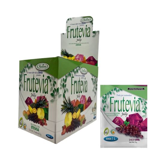 Imagen de Polvo para gelatina sabor uva sin azúcar endulzada con stevia Frutevia Jelly caja con 48 sobres de 25g c/u (1.2kg)