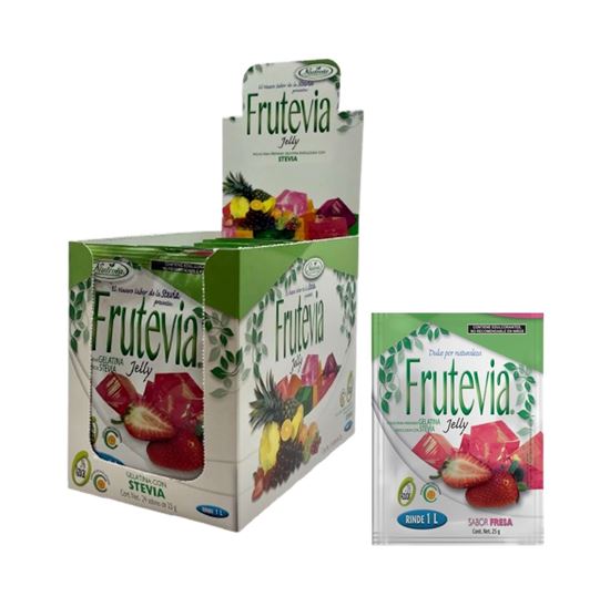 Imagen de Polvo para gelatina sabor fresa sin azúcar endulzada con stevia Frutevia Jelly caja con 48 sobres de 25g c/u (1.2kg)