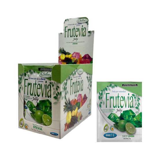 Imagen de Polvo para gelatina sabor limón sin azúcar endulzada con stevia Frutevia Jelly caja con 48 sobres de 25g c/u (1.2kg)