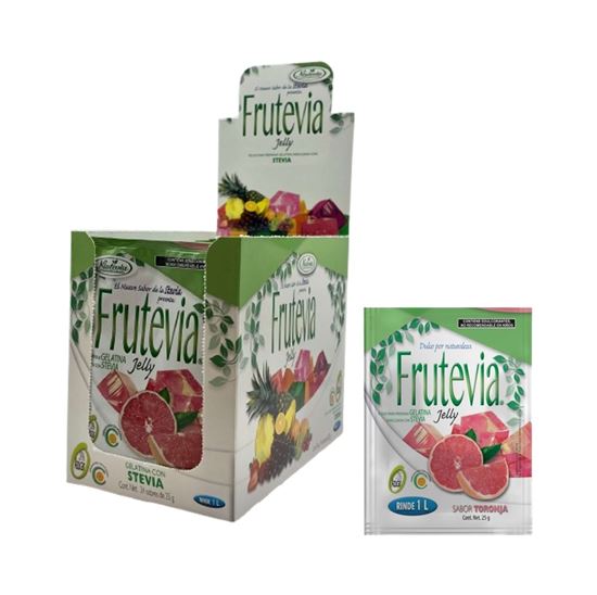 Imagen de Polvo para gelatina sabor toronja sin azúcar endulzada con stevia Frutevia Jelly caja con 48 sobres de 25g c/u (1.2kg)