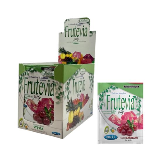 Imagen de Polvo para gelatina sabor arándano sin azúcar endulzada con stevia Frutevia Jelly caja con 48 sobres de 25g c/u (1.2kg)