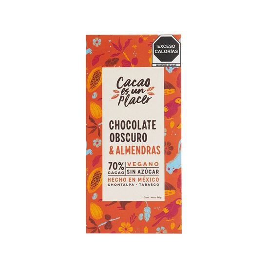 Imagen de Chocolate obscuro & almendras 70% cacao vegano sin azúcar Cacao es un Placer 80g