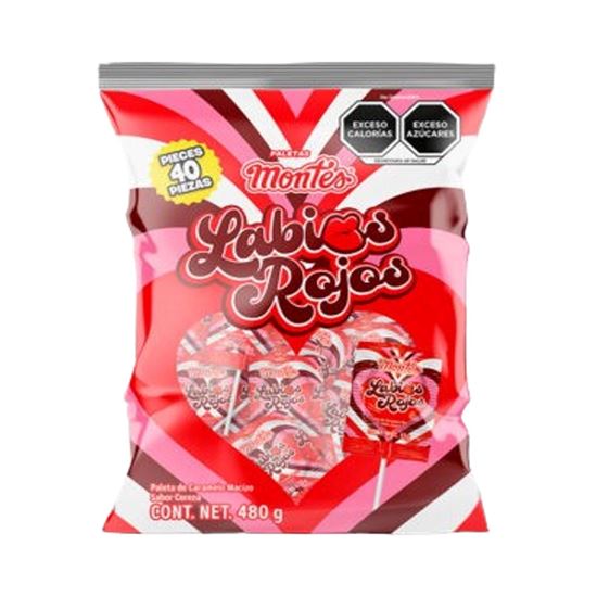 Imagen de Paleta de caramelo sabor cereza en forma de corazones Montes Labios Rojos 40 pzas (480g)