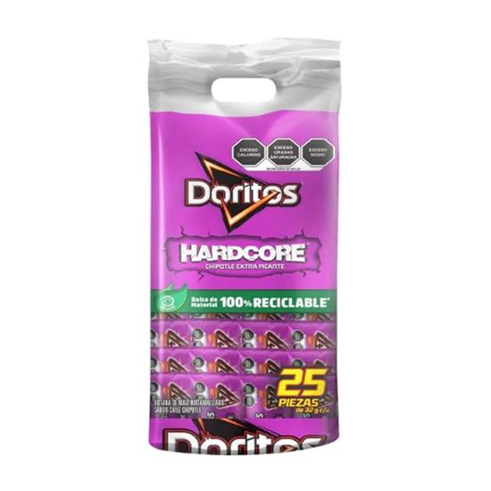 Imagen de Botana frita de maíz sabor queso, chile y limón Doritos Hardcore Flamin' Hot bolsa con 25 pzas de 32g c/u (800g)