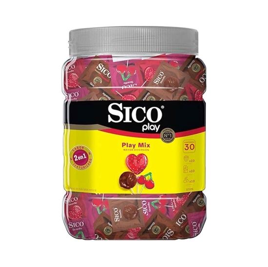 Imagen de Condones de látex lubricados y texturizados sabores surtidos Sico Play Play Mix vitrolero con 30 pzas
